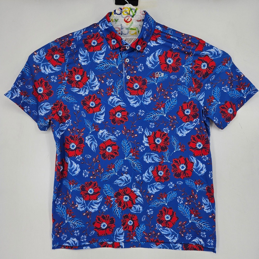 Good Good Polo Shirt Mens Large Red Blue Floral Golf Performance Casual